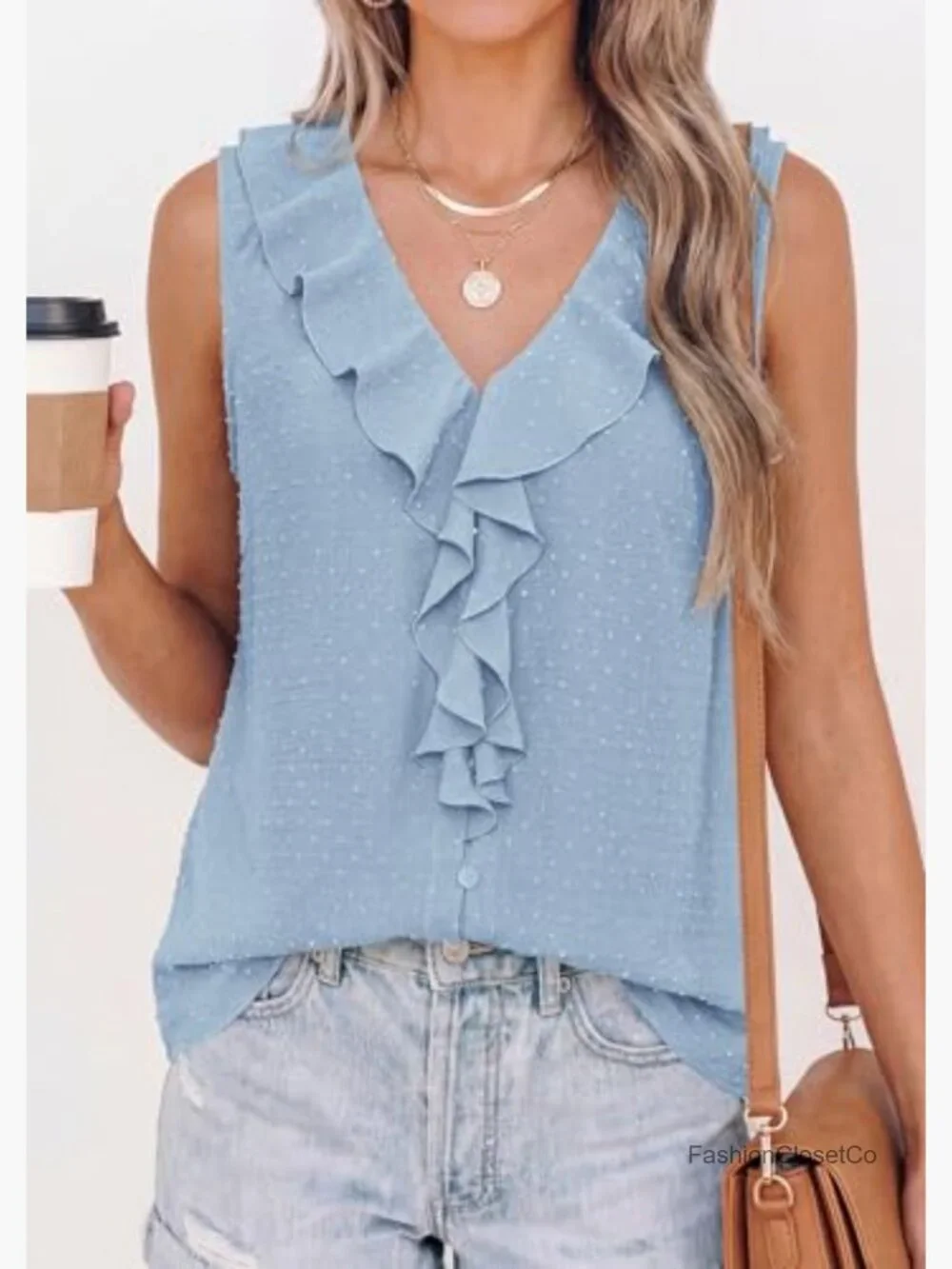 Ruffle Swiss Dot V-Neck Sleeveless Button Down Tank Top Blouse - Picture 2 of 7
